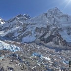Mt Everest is tucked away in the centre at the back, the peak barely visible over the Western Shoulder (centre-left) and Mt Nuptse (to the front and right). (Image via AirPano.com)