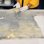 The work shirt of W. Allen, a 3rd class passenger on the Titanic, is one of the artefacts which sat 2.5 miles below the surface of the Atlantic ocean, the final resting place of the Titanic. (AP Photo/Stanley Leary)