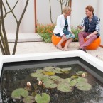 Designer Chris Gutteridge and parent of a past user of Rainbows Children's Hospice Lucy Smith, in the Rainbows Hospice garden at the RHS Chelsea Flower Show. (Dominic Lipinski/PA Wire)
