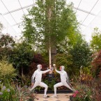 Team GB's Olympic Men's Sabreurs Alex O'Connell (left) and James Honeybone put on a display of fencing in the 'Duel and the Crown' garden. (Dominic Lipinski/PA Wire)