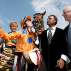Martin Harley, winning jockey in the Etihad Airways Irish 1000 Guineas at the Curragh racecourse, Co Kildare, with his mount Samitar and trainer Mick Channon. Image: INPHO/Lorraine O'Sullivan