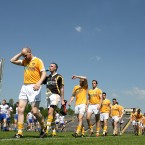 Antrim players feel the heat during the parade before the start of the Ulster GAA Football Senior Championship Quarter-Final in Clones, Co Monaghan. Image: INPHO/Andrew Paton/Presseye.com