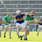 Tipperary's Michael Cahill and Limerick's Seán Tobin at the Munster GAA Hurling Senior Championship Quarter-Final in Semple Stadium, Thurles, Co Tipperary yesterday. Image: INPHO/James Crombie