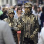 Good Weather in Dublin. Conchi Soriano from Spain dressed as Molly Malone and Krisztian Varga- Dudas from Hungary dresed as the Fisherman busking on Grafton street in Dublin. (Sasko Lazarov/Photocall Ireland)