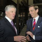 Broadcasters Pat Kenny and Ryan Tubridy take a moment in the RTÉ foyer this evening. (Photo by Michael Chester)