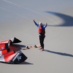 Branson, 61, celebrates his arrival at Wimereaux in northern France. (Stefan Rousseau/PA Wire)