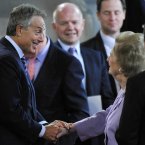 Is it just us or is Tony Blair trying just a tad too hard to look excited to see Margaret Thatcher? (Tim Ireland/PA Wire)