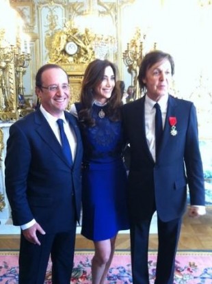 Macca with his wife Nancy and French president Francois Hollande earlier today 