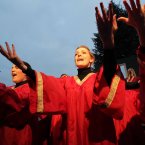 The Halleluia Gospel Choir at the turning on of the Christmas Lights on Grafton Street belt out a song. Photo Mark Stedman/Photocall Ireland