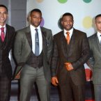 The JLS lads look like the male portion of the wedding party on Oritse's (second left) special day. Props to J.B. for the gloves though - nice o see someone going the extra mile. Doug Peters/Doug Peters/EMPICS Entertainment