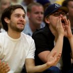 TOBEY MAGUIRE AND LEONARDO DICAPRIO:  These two became mates from meeting each other at auditions, and made a pact to try to help each other get parts in things they were cast in.  Thus, they are often seen in each other's film/television work.  Isn't that sweet! AP Photo/Kevork Djansezian