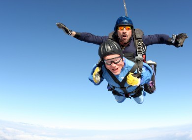 Vernon Maynard, bottom, skydives with instuctor James Perez 