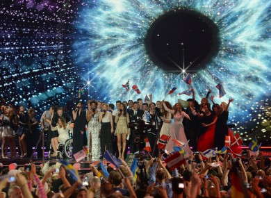 Contestants celebrate at Thursday's Eurovision semi-final